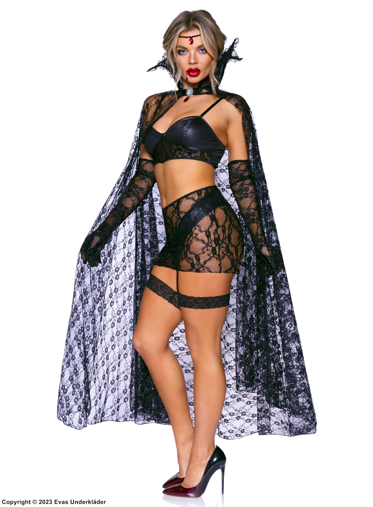 Female vampire, top and skirt costume, faux leather, floral lace, stay up collar